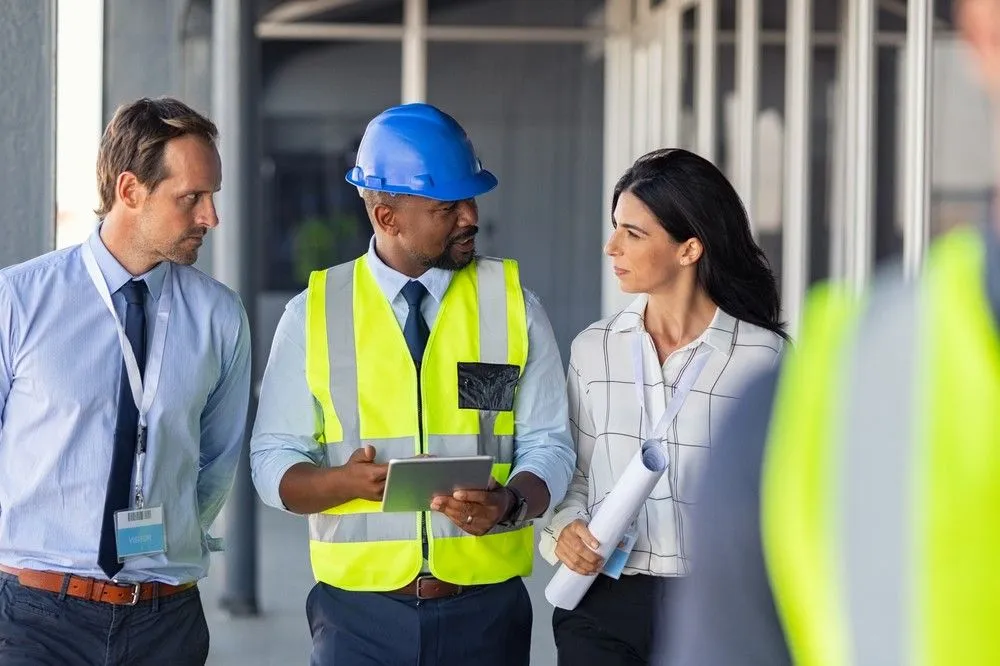 Construction project team in high visibility vests reviewing plans on site