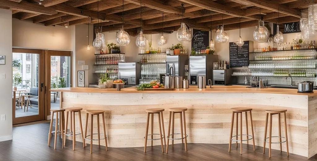Hospitality fitout with a timber juice bar counter, bar stools, pendant lights and exposed timber ceiling