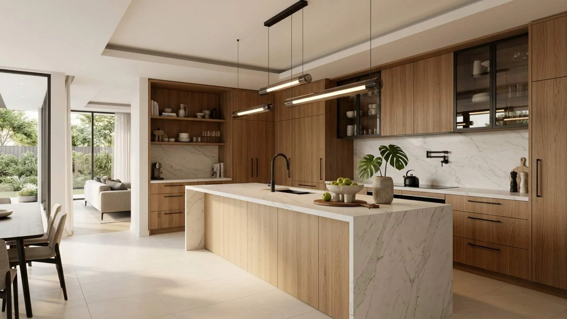 Open plan kitchen with timber joinery, marble island bench and linear pendant lighting
