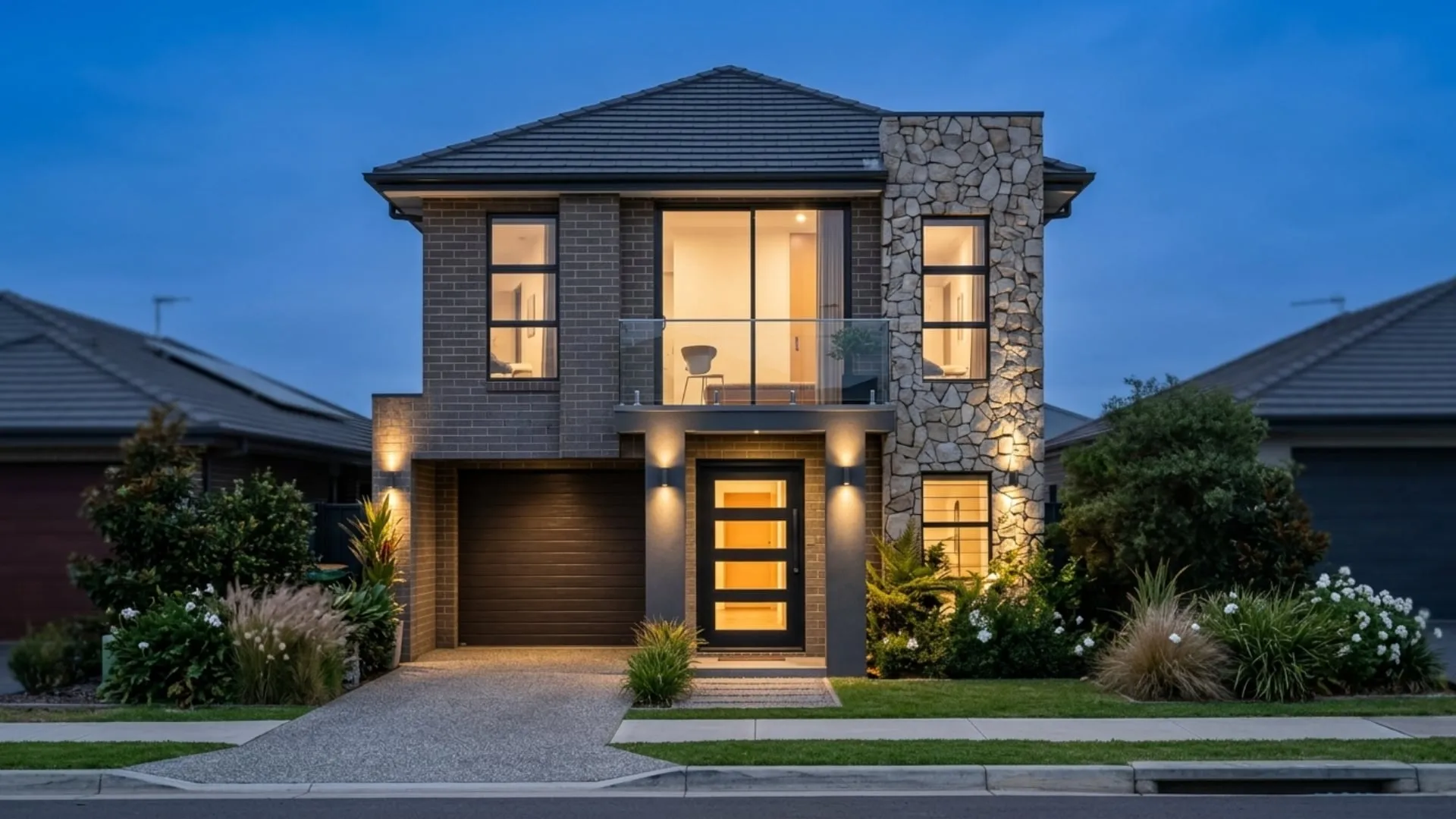 Dusk render of the Lot 26 Leppington two storey residence with stone feature wall and landscaped front yard
