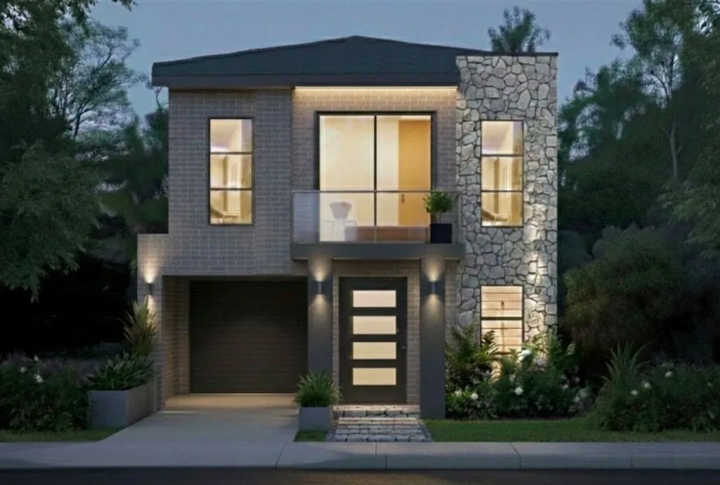 Render of the two storey home at Lot 26 Leppington with stone feature wall and lit entry