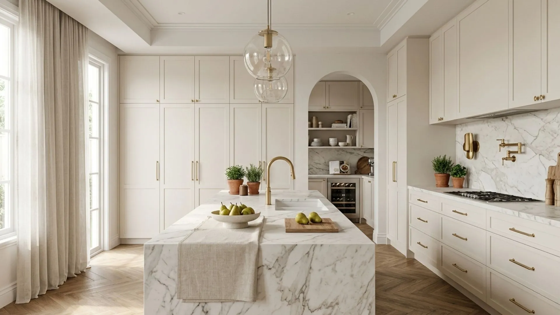 Kitchen renovation with marble island bench, brass tapware, arched pantry and pendant lights
