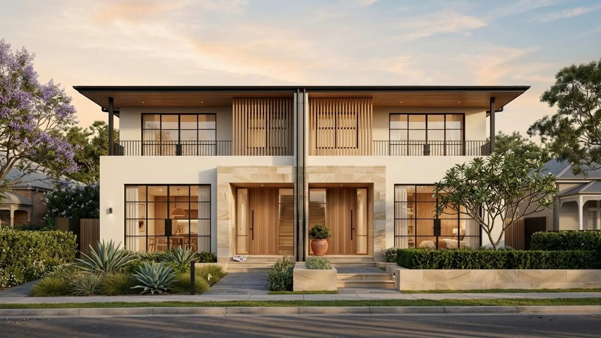 Render of a modern two storey duplex with timber entry doors and landscaped front gardens