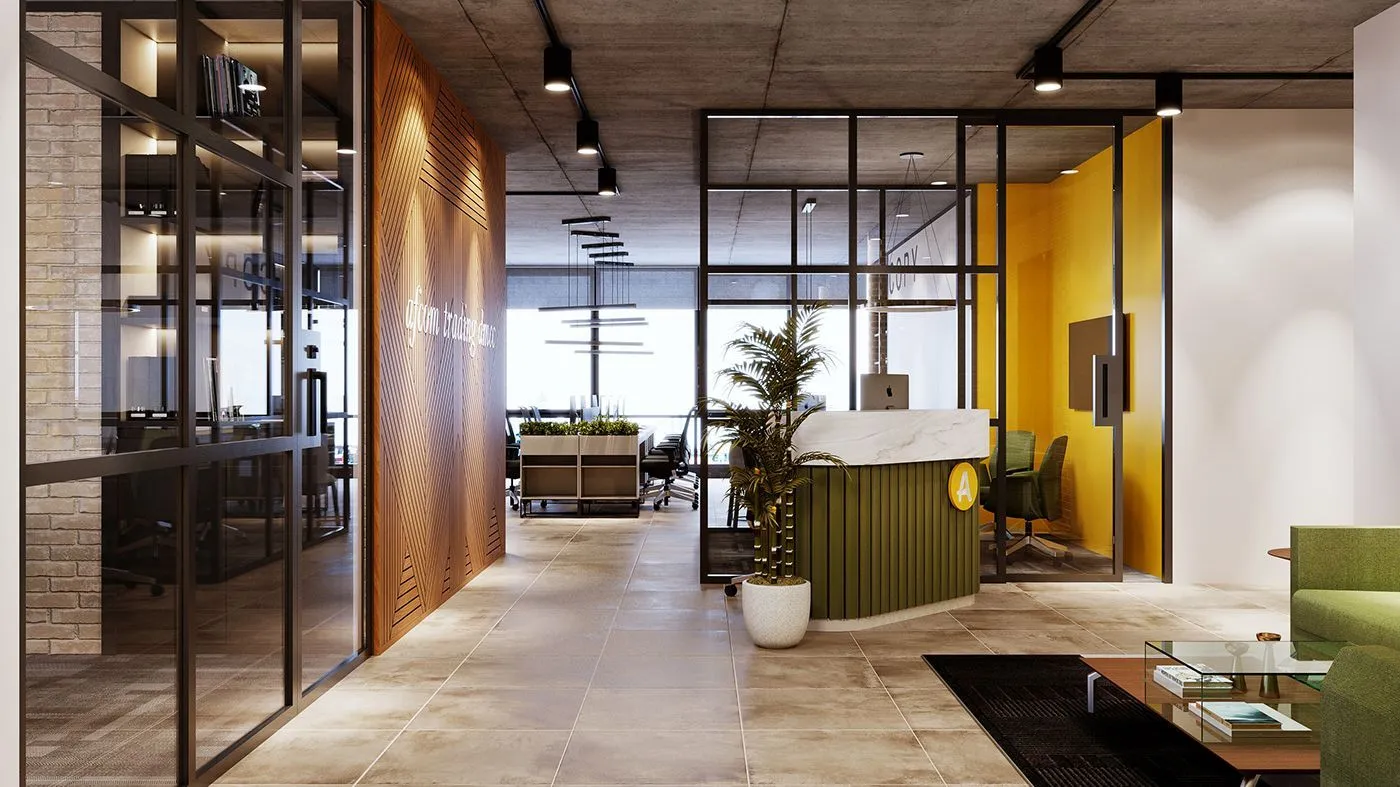 Office fitout with glazed partitions, timber feature wall and reception desk