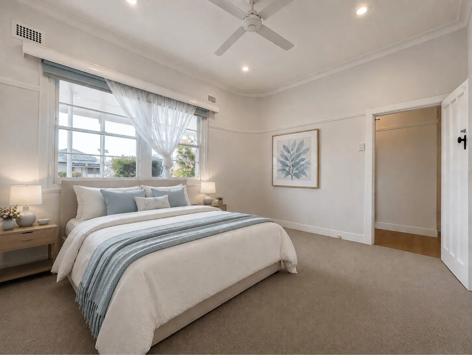 Renovated bedroom with ceiling fan, sheer curtains and carpet, Wyong whole home renovation